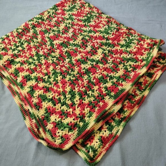 Vintage 70s Crochet Afghan Throw Blanket Red Green Yellow 50" Square Camo Marled - Picture 1 of 4